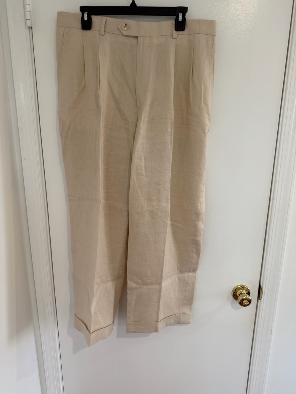 Paul Fredrick Men’s 100% Linen Pleated Dress Pants Ivory Classic Fit 40 Cuff Hem